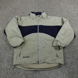 Columbia Jacket Mens M Beige Tan Blue Outdoor Hooded Zip Windbreaker Coat Y2K